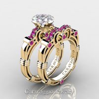 Art Masters Caravaggio 14K Yellow Gold 1.25 Ct Princess White and Pink Sapphire Engagement Ring Wedding Band Set R623PS-14KYGPSWS