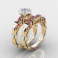 Art Masters Caravaggio 14K Yellow Gold 1.25 Ct Princess White Sapphire Ruby Engagement Ring Wedding Band Set R623PS-14KYGRWS