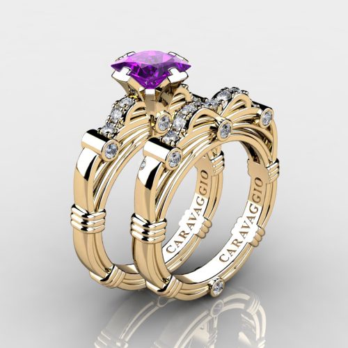 Art-Masters-American-14K-Yellow-Gold-1-25-Carat-Princess-Amethyst-Diamond-Engagement-Ring-Wedding-Band-Set-R673PS-14KYGDAM-NEW