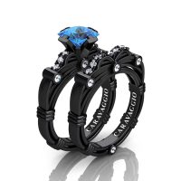 Art Masters Caravaggio 14K Black Gold 1.25 Ct Princess Blue Topaz Diamond Engagement Ring Wedding Band Set R673PS-14KBGDBT