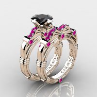 Art Masters Caravaggio 14K Rose Gold 1.25 Ct Princess Black and Pink Sapphire Engagement Ring Wedding Band Set R673PS-14KRGPSBLS