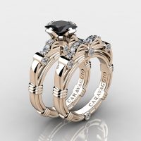 Art Masters Caravaggio 14K Rose Gold 1.25 Ct Princess Black Sapphire Diamond Engagement Ring Wedding Band Set R673PS-14KRGDBLS