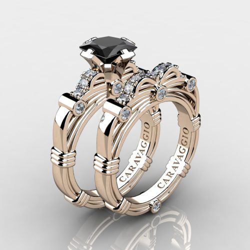 Art-Masters-Caravaggio-14K-Rose-Gold-1-25-Carat-Princess-Black-Sapphire-Diamond-Engagement-Ring-Wedding-Band-Set-R673PS-14KRGDBLS-NEW