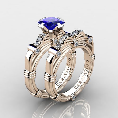 Art-Masters-Caravaggio-14K-Rose-Gold-1-25-Carat-Princess-Blue-Sapphire-Diamond-Engagement-Ring-Wedding-Band-Set-R673PS-14KRGDSBS-NEW