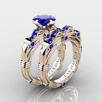 Art Masters Caravaggio 14K Rose Gold 1.25 Ct Princess Blue Sapphire Engagement Ring Wedding Band Set R673PS-14KRGBS