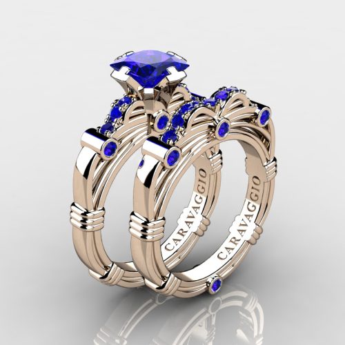 Art-Masters-Caravaggio-14K-Rose-Gold-1-25-Carat-Princess-Blue-Sapphire-Engagement-Ring-Wedding-Band-Set-R673PS-14KRGBS-NEW