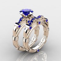 Art Masters Caravaggio 14K Rose Gold 1.25 Ct Princess Blue Sapphire Engagement Ring Wedding Band Set R673PS-14KRGSBS