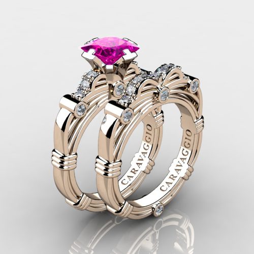 Art-Masters-Caravaggio-14K-Rose-Gold-1-25-Carat-Princess-Pink-Sapphire-Diamond-Engagement-Ring-Wedding-Band-Set-R623PS-14KRGDPS-NEW