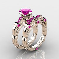 Art Masters Caravaggio 14K Rose Gold 1.25 Ct Princess Pink Sapphire Engagement Ring Wedding Band Set R673PS-14KRGPS