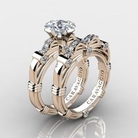 Art Masters Caravaggio 14K Rose Gold 1.25 Ct Princess White Sapphire Engagement Ring Wedding Band Set R673PS-14KRGWS