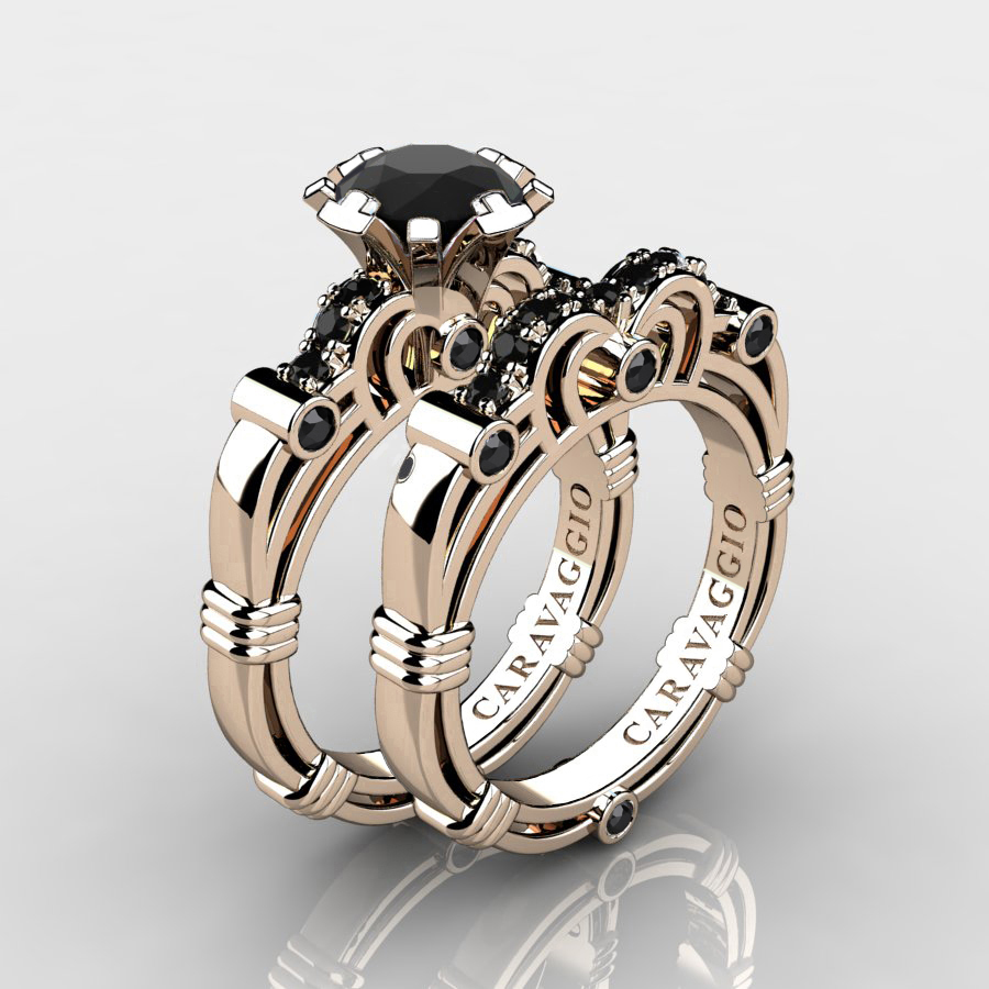Art Masters Caravaggio 14K Rose Gold 1.0 Ct Black Sapphire Engagement Ring Wedding Band Set R623S-14KRGBLS