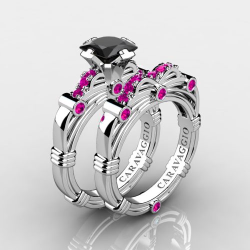 Art-Masters-Caravaggio-14K-White-Gold-1-25-Carat-Princess-Black-Pink-Sapphire-Engagement-Ring-Wedding-Band-Set-R673PS-14KWGPSBLS-NEW