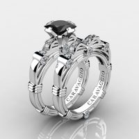Art Masters Caravaggio 14K White Gold 1.25 Ct Princess Black Sapphire Diamond Engagement Ring Wedding Band Set R673PS-14KWGDBLS
