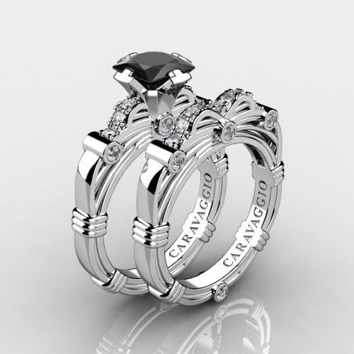 Art-Masters-Caravaggio-14K-White-Gold-1-25-Carat-Princess-Black-Sapphire-Diamond-Engagement-Ring-Wedding-Band-Set-R673PS-14KWGDBLS-NEW
