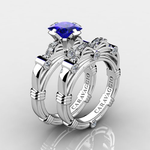 Art-Masters-Caravaggio-14K-White-Gold-1-25-Carat-Princess-Blue-Sapphire-Diamond-Engagement-Ring-Wedding-Band-Set-R673PS-14KWGSDBS-NEW