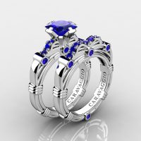 Art Masters Caravaggio 14K White Gold 1.25 Ct Princess Blue Sapphire Engagement Ring Wedding Band Set R673PS-14KWGBS