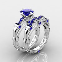 Art Masters Caravaggio 14K White Gold 1.25 Ct Princess Blue Sapphire Engagement Ring Wedding Band Set R673PS-14KWGSBS