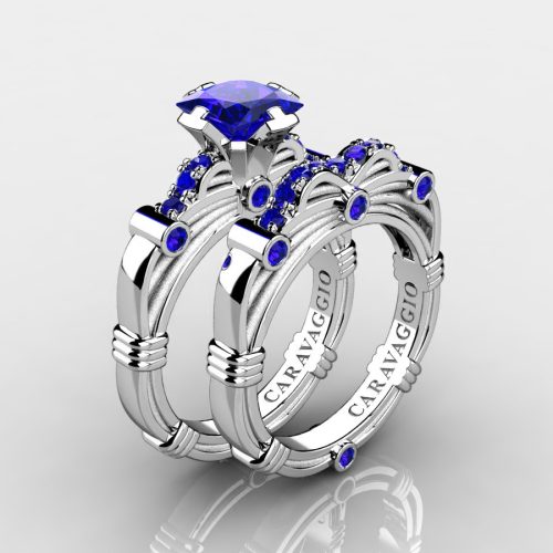 Art-Masters-Caravaggio-14K-White-Gold-1-25-Carat-Princess-Blue-Sapphire-Engagement-Ring-Wedding-Band-Set-R673PS-14KWGSBS-NEW