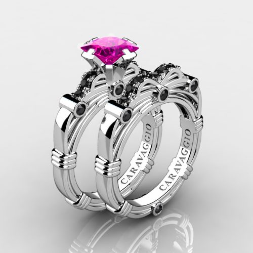 Art-Masters-Caravaggio-14K-White-Gold-1-25-Carat-Princess-Pink-Black-Sapphire-Engagement-Ring-Wedding-Band-Set-R673PS-14KWGBLSPS-NEW