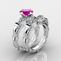 Art Masters Caravaggio 14K White Gold 1.25 Ct Princess Pink Sapphire Diamond Engagement Ring Wedding Band Set R673PS-14KWGDPS