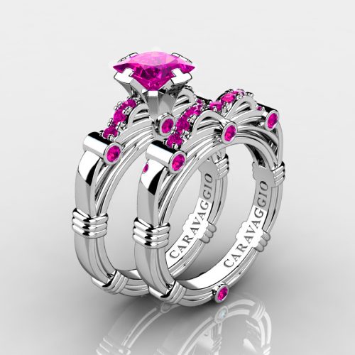 Art-Masters-Caravaggio-14K-White-Gold-1-25-Carat-Princess-Pink-Sapphire-Engagement-Ring-Wedding-Band-Set-R623PS-14KWGPS-NEW