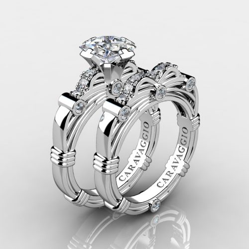 Art-Masters-Caravaggio-14K-White-Gold-1-25-Carat-Princess-White-Sapphire-Engagement-Ring-Wedding-Band-Set-R673PS-14KWGWS-NEW