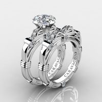 Art Masters Caravaggio 14K White Gold 1.25 Ct Princess White Sapphire Diamond Engagement Ring Wedding Band Set R673PS-14KWGDWS