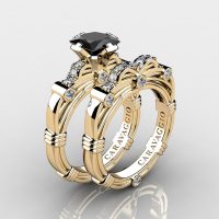 Art Masters Caravaggio 14K Yellow Gold 1.25 Ct Princess Black Sapphire Diamond Engagement Ring Wedding Band Set R673PS-14KYGDBLS