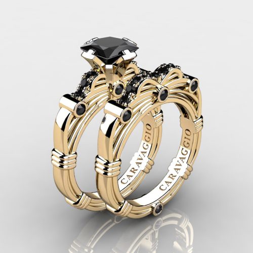 Art-Masters-Caravaggio-14K-Yellow-Gold-1-25-Carat-Princess-Black-Sapphire-Engagement-Ring-Wedding-Band-Set-R673PS-14KYGBLS-NEW