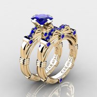 Art Masters Caravaggio 14K Yellow Gold 1.25 Ct Princess Blue Sapphire Engagement Ring Wedding Band Set R673PS-14KYGBS