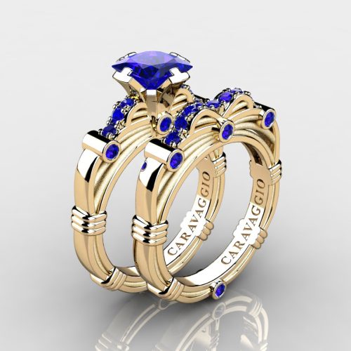 Art-Masters-Caravaggio-14K-Yellow-Gold-1-25-Carat-Princess-Blue-Sapphire-Engagement-Ring-Wedding-Band-Set-R673PS-14KYGSBS-NEW2