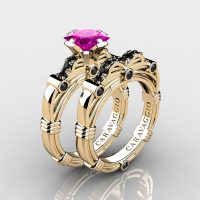 Art Masters Caravaggio 14K Yellow Gold 1.25 Ct Princess Pink and Black Sapphire Engagement Ring Wedding Band Set R673PS-14KYGBLSPS