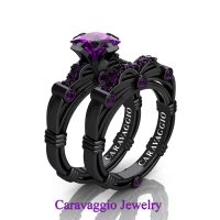 Art Masters Caravaggio 14K Black Gold 1.25 Ct Princess Amethyst Engagement Ring Wedding Band Set R673PS-14KBGAM