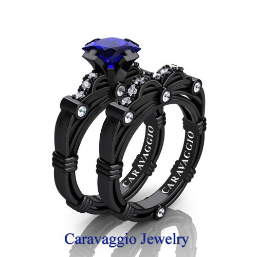 Art-Masters-Caravaggio-Modern-14K-Black-Gold-1-25-Carat-Princess-Blue-Sapphire-Diamond-Engagement-Ring-Wedding-Band-Set-R673PS-14KBGDBS-P