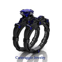 Art Masters Caravaggio 14K Black Gold 1.25 Ct Princess Blue Sapphire Engagement Ring Wedding Band Set R673PS-14KBGBS