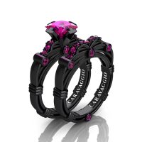 Art Masters Caravaggio 14K Black Gold 1.25 Ct Princess Pink Sapphire Engagement Ring Wedding Band Set R673PS-14KBGPS