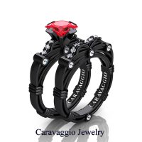 Art Masters Caravaggio 14K Black Gold 1.25 Ct Princess Ruby Diamond Engagement Ring Wedding Band Set R673PS-14KBGDR