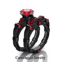 Art Masters Caravaggio 14K Black Gold 1.25 Ct Princess Ruby Engagement Ring Wedding Band Set R673PS-14KBGR