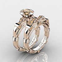 Art Masters Caravaggio 14K Rose Gold 1.25 Ct Princess Champagne Diamond Engagement Ring Wedding Band Set R673PS-14KRGCHD