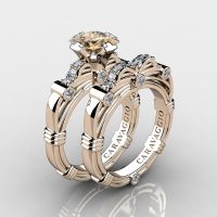 Art Masters Caravaggio 14K Rose Gold 1.25 Ct Princess Champagne and White Diamond Engagement Ring Wedding Band Set R673PS-14KRGDCHD