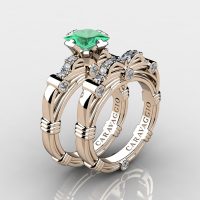 Art Masters Caravaggio 14K Rose Gold 1.25 Ct Princess Emerald Diamond Engagement Ring Wedding Band Set R673PS-14KRGDEM