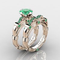 Art Masters Caravaggio 14K Rose Gold 1.25 Ct Princess Emerald Engagement Ring Wedding Band Set R673PS-14KRGEM