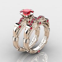 Art Masters Caravaggio 14K Rose Gold 1.25 Ct Princess Ruby Engagement Ring Wedding Band Set R673PS-14KRGR