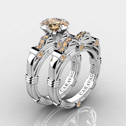 Art-Masters-Caravaggio-Modern-14K-White-Gold-1-25-Carat-Princess-Champagne-Diamond-Engagement-Ring-Wedding-Band-Set-R673PS-14KWGCHD-NEW
