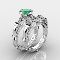 Art Masters Caravaggio 14K White Gold 1.25 Ct Princess Emerald Diamond Engagement Ring Wedding Band Set R673PS-14KWGDEM