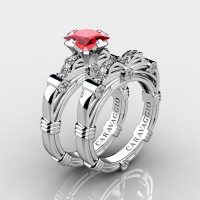 Art Masters Caravaggio 14K White Gold 1.25 Ct Princess Ruby Diamond Engagement Ring Wedding Band Set R673PS-14KWGDR