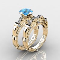 Art Masters Caravaggio 14K Yellow Gold 1.25 Ct Princess Blue Topaz Diamond Engagement Ring Wedding Band Set R673PS-14KYGDBT