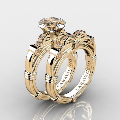 Art-Masters-Caravaggio-Modern-14K-Yellow-Gold-1-25-Carat-Princess-Champagne-Engagement-Ring-Wedding-Band-Set-R673PS-14KYGCHD-NEW