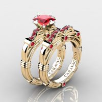 Art Masters Caravaggio 14K Yellow Gold 1.25 Ct Princess Ruby Engagement Ring Wedding Band Set R673PS-14KYGR
