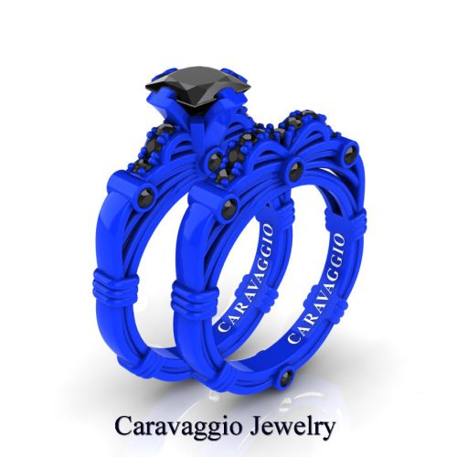Art-Masters-Caravaggio-New-York-14K-Blue-Gold-1-25-Carat-Princess-Black-Sapphire-Engagement-Ring-Wedding-Band-Set-R673PS-14KBLGBLS-NEW